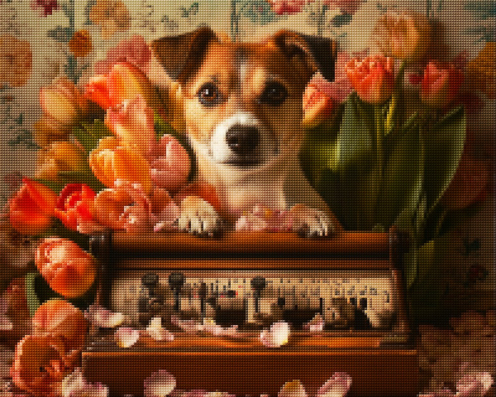 Dog Hiding in Fresh Tulips