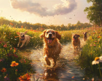 Dogs Running by River in Park
