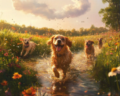 Dogs Running by River in Park