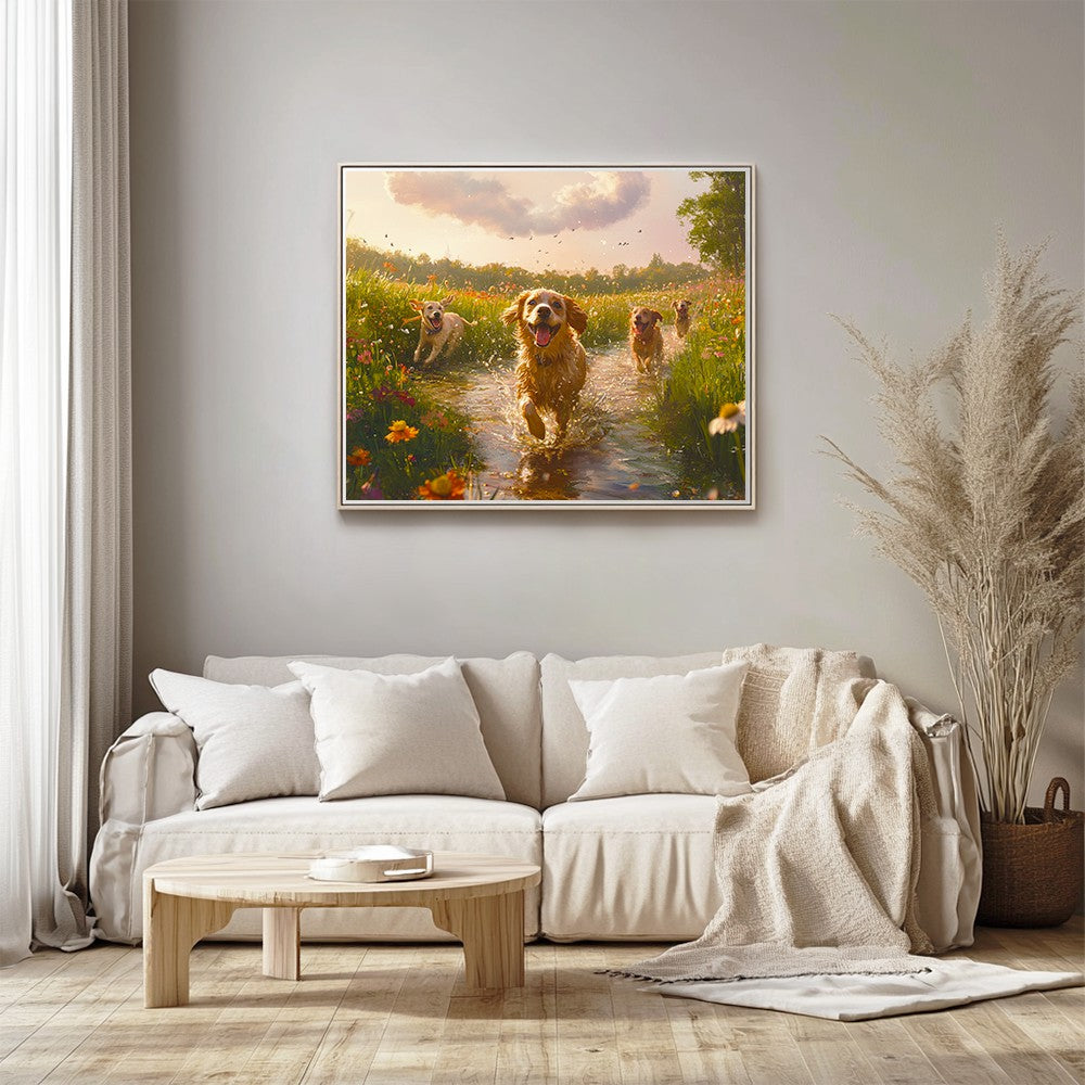 Dogs Running by River in Park