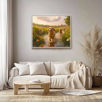 Dogs Running by River in Park