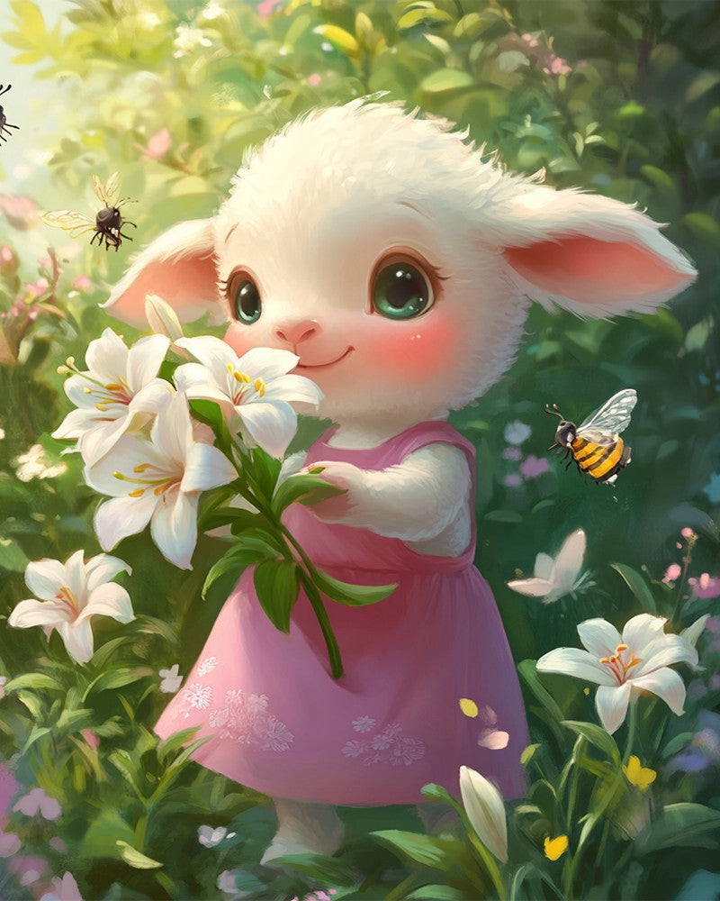 Cartoon Lamb Arranging Lilies