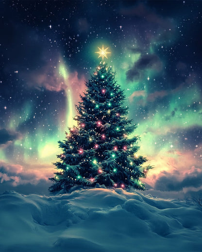 Christmas Tree Under Northern Lights
