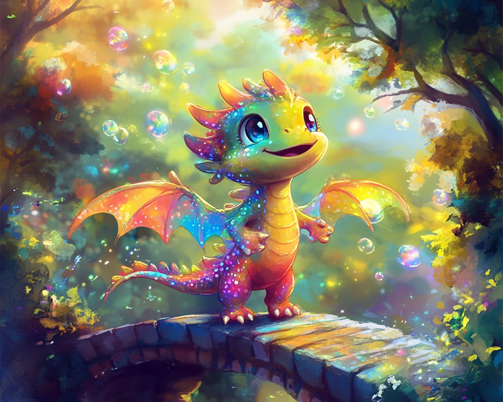 Cute Cartoon Dragon on Rainbow