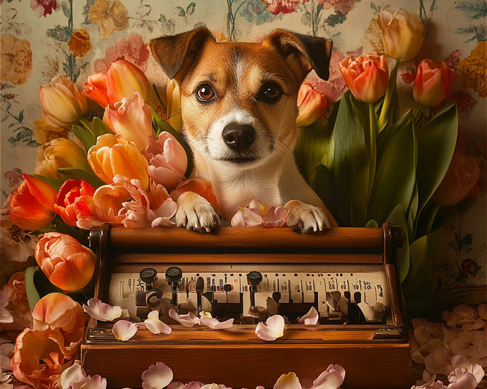 Dog Hiding in Fresh Tulips