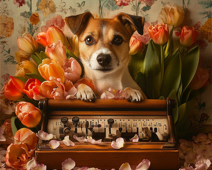 Dog Hiding in Fresh Tulips