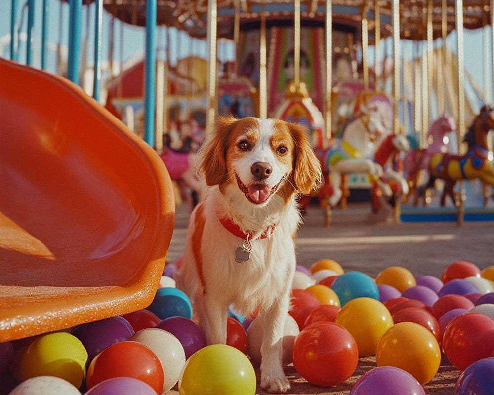 Dog Under Slide with Colorful Balloons