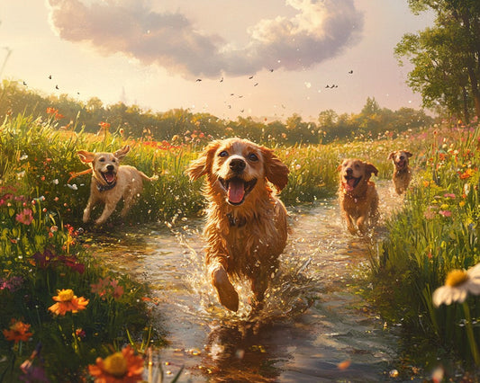 Dogs Running by River in Park