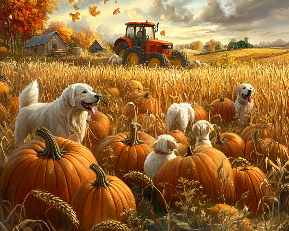 Dogs in Pumpkin Field