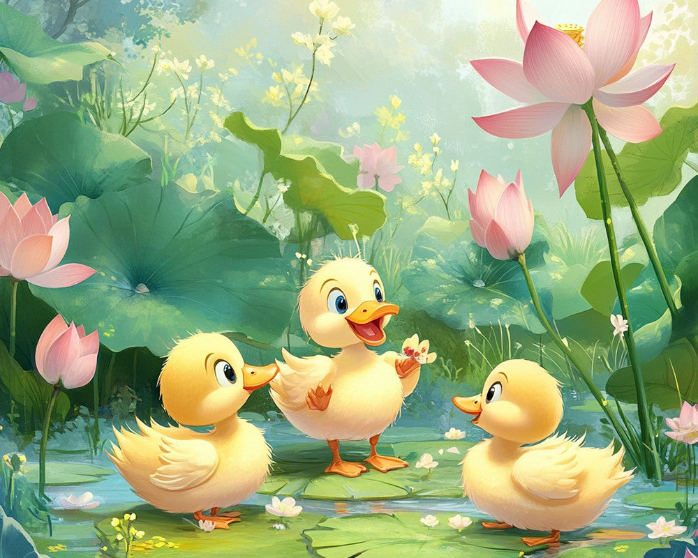 Ducklings Playing by a Lotus Pond