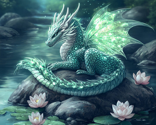 Emerald Dragon Resting on Rock