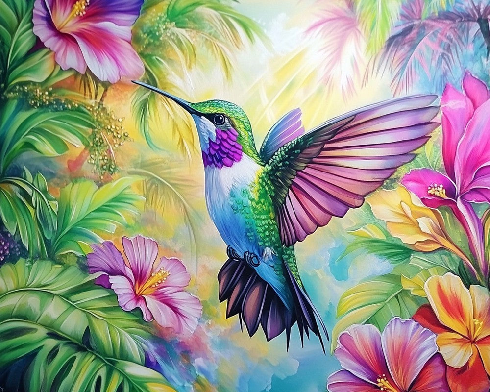 Hummingbird Near Tropical Flowers