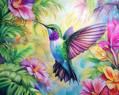 Hummingbird Near Tropical Flowers