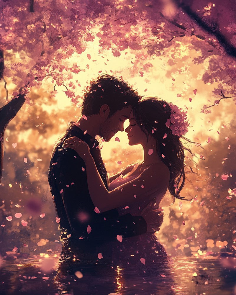 Loving Couple Under Pink Cherry Blossoms
