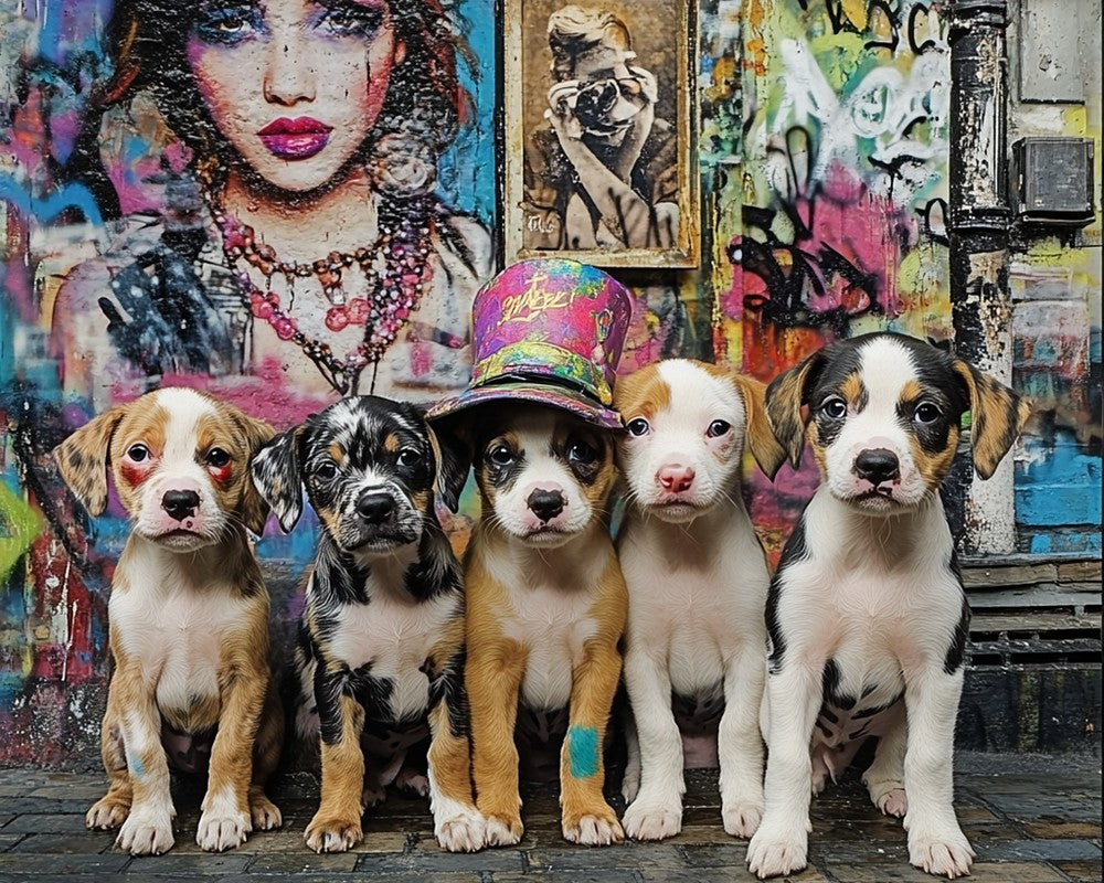 Puppies in Front of Graffiti Wall