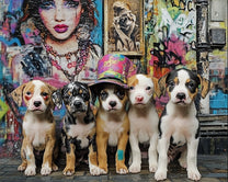 Puppies in Front of Graffiti Wall