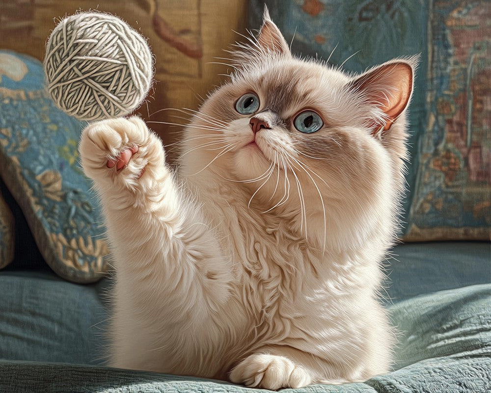 Ragdoll cat grabs a ball