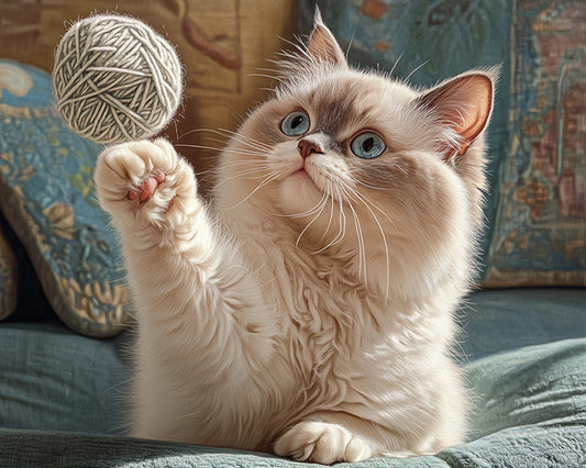 Ragdoll cat grabs a ball
