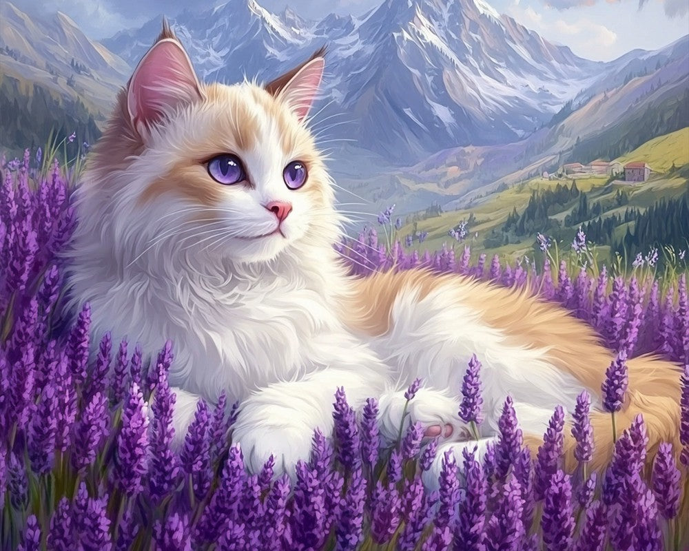 Ragdoll cat in lavender field