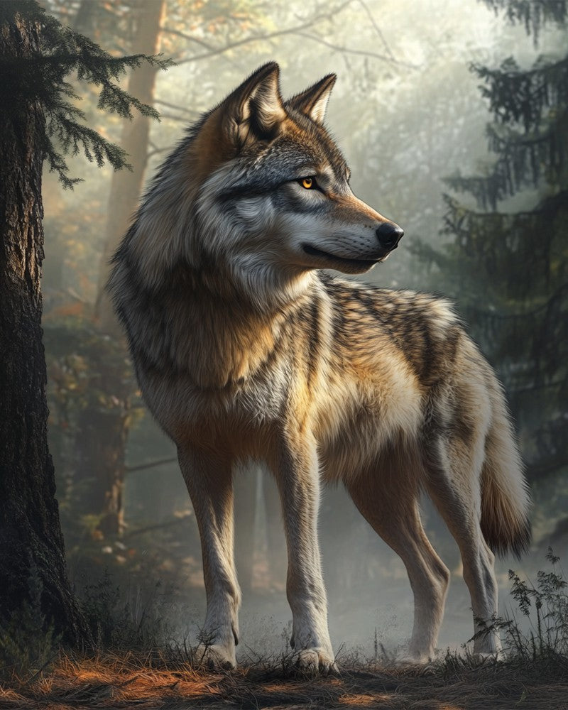 Realistic Wolf in Serene Forest